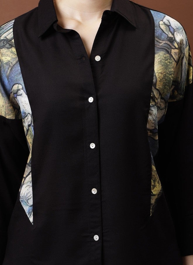 Athena Black Cotton Applique Shirt Style Top for Women - Image 2