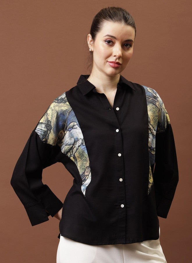 Athena Black Cotton Applique Shirt Style Top for Women - Image 3
