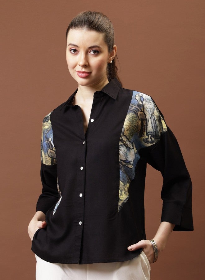 Athena Black Cotton Applique Shirt Style Top for Women - Image 1