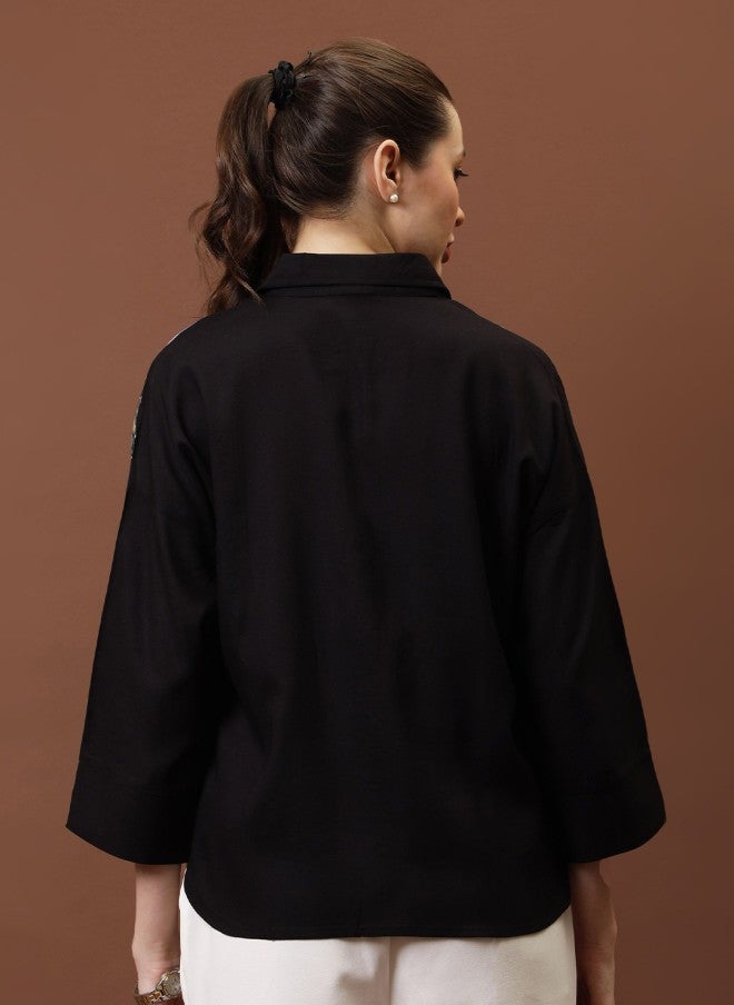Athena Black Cotton Applique Shirt Style Top for Women - Image 5