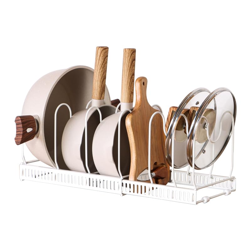 WUETOAYA Expandable Pots and Pans Organizer Rack, Pot Lids Cutting Boards Kitchen Cabinet Organizer with 7 Adjustable Compartments, Cookware Bakeware Rack for Kitchen Cabinet Countertop Storage(White) - Image 1
