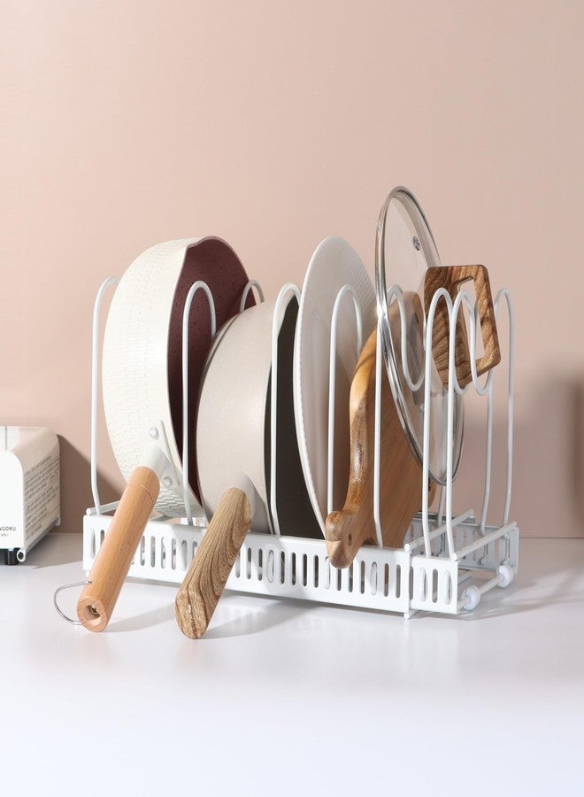 WUETOAYA Expandable Pots and Pans Organizer Rack, Pot Lids Cutting Boards Kitchen Cabinet Organizer with 7 Adjustable Compartments, Cookware Bakeware Rack for Kitchen Cabinet Countertop Storage(White) - Image 5