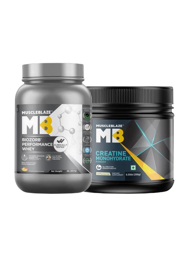 مسل بلايز ماسلبليز بيوزورب بروتين مصل اللبن للأداء (بطعم المانجو السحري، 2 رطل / 907 جم) مع كري أمب كرياتين مونوهيدرات الميكروني (غير منكّه، 0.55 رطل / 250 جم) - عبوة مزدوجة - Image 1