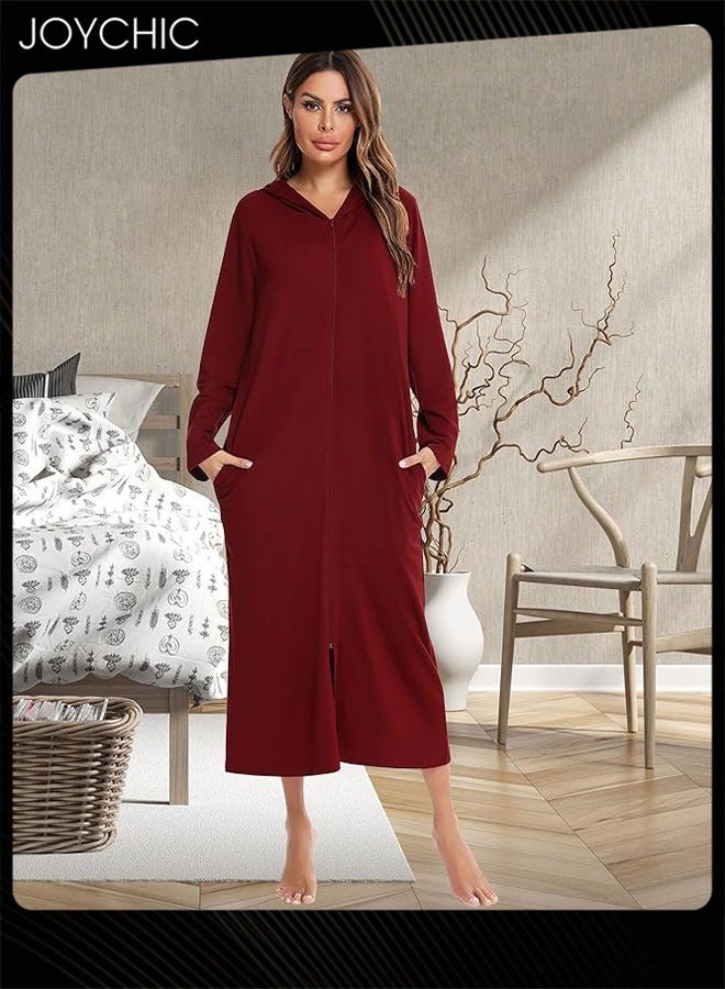 Joychic كارديغان بسحاب بنمط سادة للنساء - بيجاما مريحة للمنزل لفصلي الربيع والخريف والشتاء مع جيوب وقبعة باللون الأحمر النبيذي - Image 1