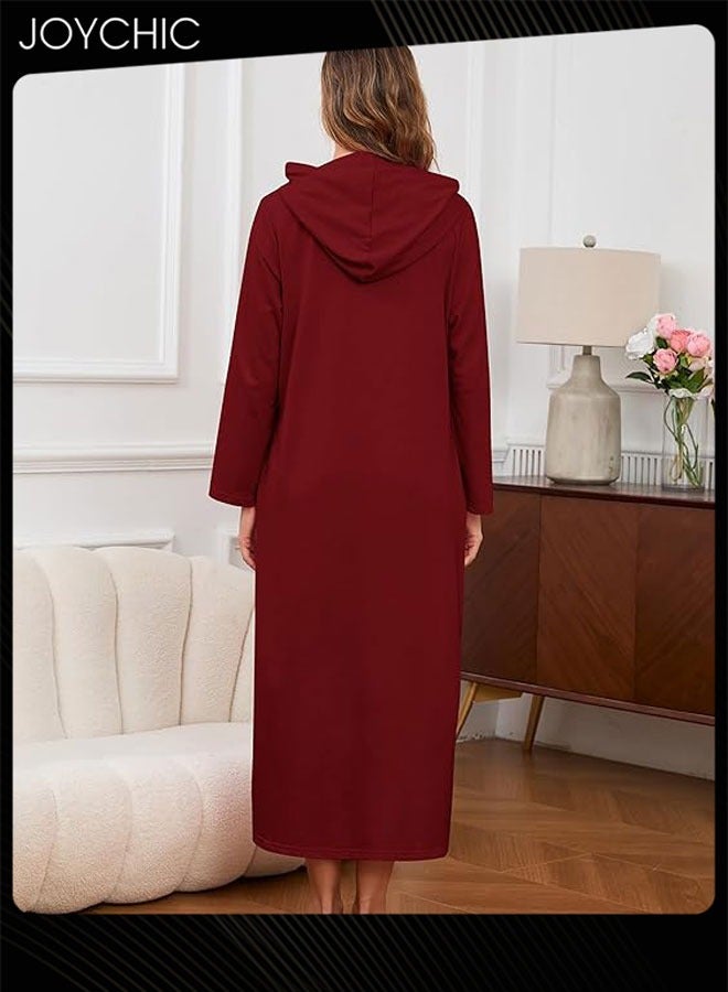 Joychic كارديغان بسحاب بنمط سادة للنساء - بيجاما مريحة للمنزل لفصلي الربيع والخريف والشتاء مع جيوب وقبعة باللون الأحمر النبيذي - Image 3