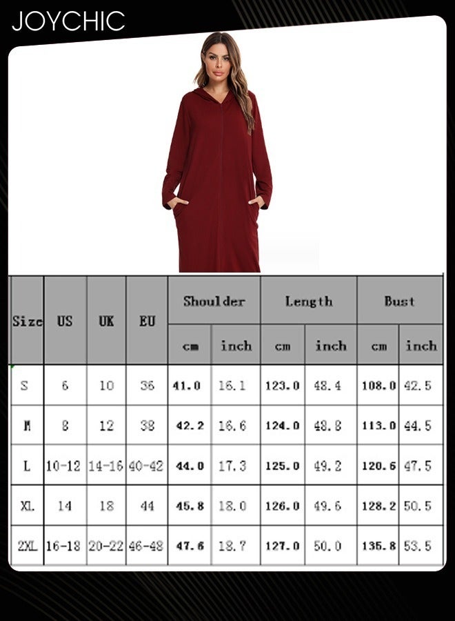 Joychic كارديغان بسحاب بنمط سادة للنساء - بيجاما مريحة للمنزل لفصلي الربيع والخريف والشتاء مع جيوب وقبعة باللون الأحمر النبيذي - Image 4