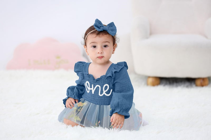 TITKKOP Baby Girl 1st Birthday Clothes One Year Old Tulle Romper Long Sleeve Bodysuit Cake Smash Outfits(Dark blue,9-12M) - Image 3