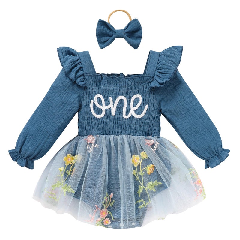 TITKKOP Baby Girl 1st Birthday Clothes One Year Old Tulle Romper Long Sleeve Bodysuit Cake Smash Outfits(Dark blue,9-12M) - Image 1