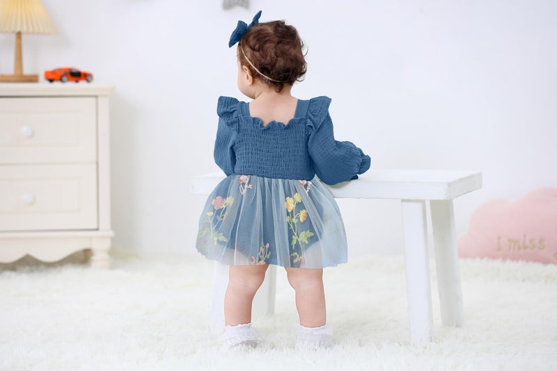 TITKKOP Baby Girl 1st Birthday Clothes One Year Old Tulle Romper Long Sleeve Bodysuit Cake Smash Outfits(Dark blue,9-12M) - Image 5