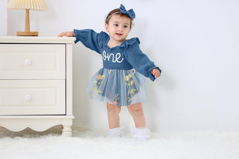 TITKKOP Baby Girl 1st Birthday Clothes One Year Old Tulle Romper Long Sleeve Bodysuit Cake Smash Outfits(Dark blue,9-12M) - Image 2