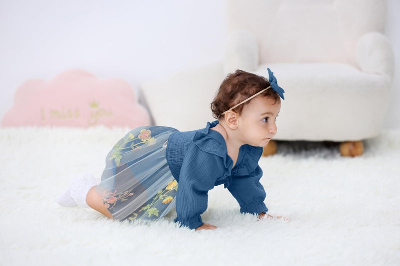 TITKKOP Baby Girl 1st Birthday Clothes One Year Old Tulle Romper Long Sleeve Bodysuit Cake Smash Outfits(Dark blue,9-12M) - Image 4