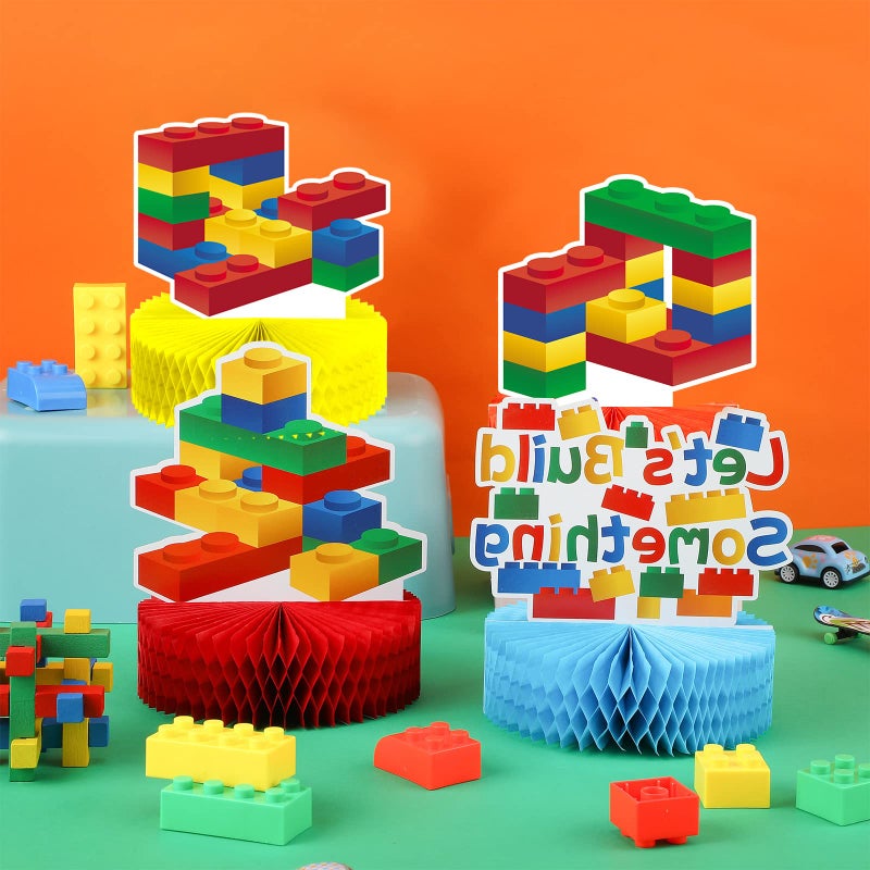 Chinco 9 Pieces Building Block Birthday Party Supplies Building Block Honeycomb Centerpieces Boy Girl Birthday Party Decorations Brick Themed Table Centerpiece Classic Cake Topper Table Decor - Image 5