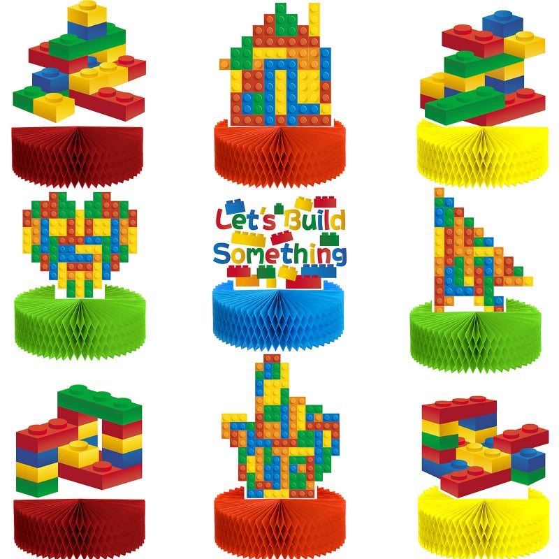 Chinco 9 Pieces Building Block Birthday Party Supplies Building Block Honeycomb Centerpieces Boy Girl Birthday Party Decorations Brick Themed Table Centerpiece Classic Cake Topper Table Decor - Image 1