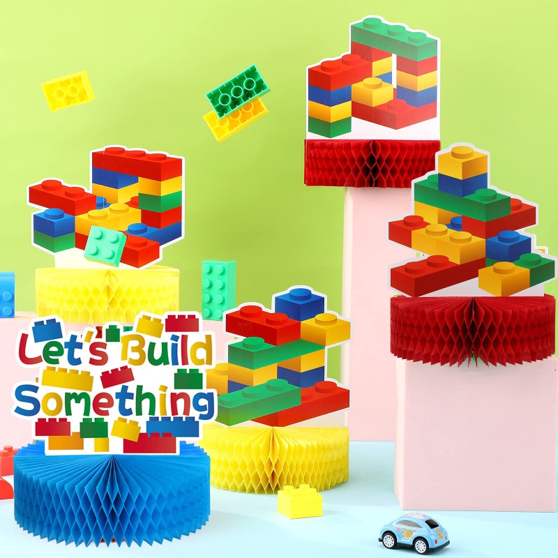 Chinco 9 Pieces Building Block Birthday Party Supplies Building Block Honeycomb Centerpieces Boy Girl Birthday Party Decorations Brick Themed Table Centerpiece Classic Cake Topper Table Decor - Image 4