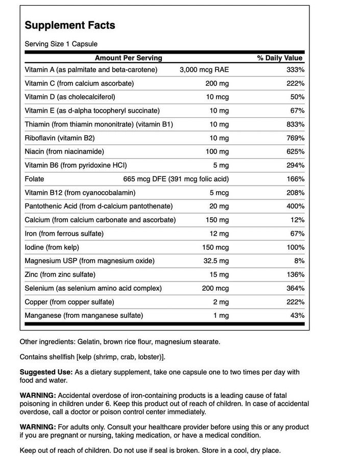 Swanson Multi and Mineral Daily Men's Women's Multivitamin Multimineral Health Supplement 100 Capsules (Caps) - Image 2