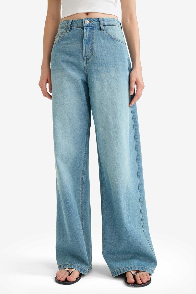 DeFacto Blue Woman Wide Leg Regular Hem Jean Trousers Casual - Image 3