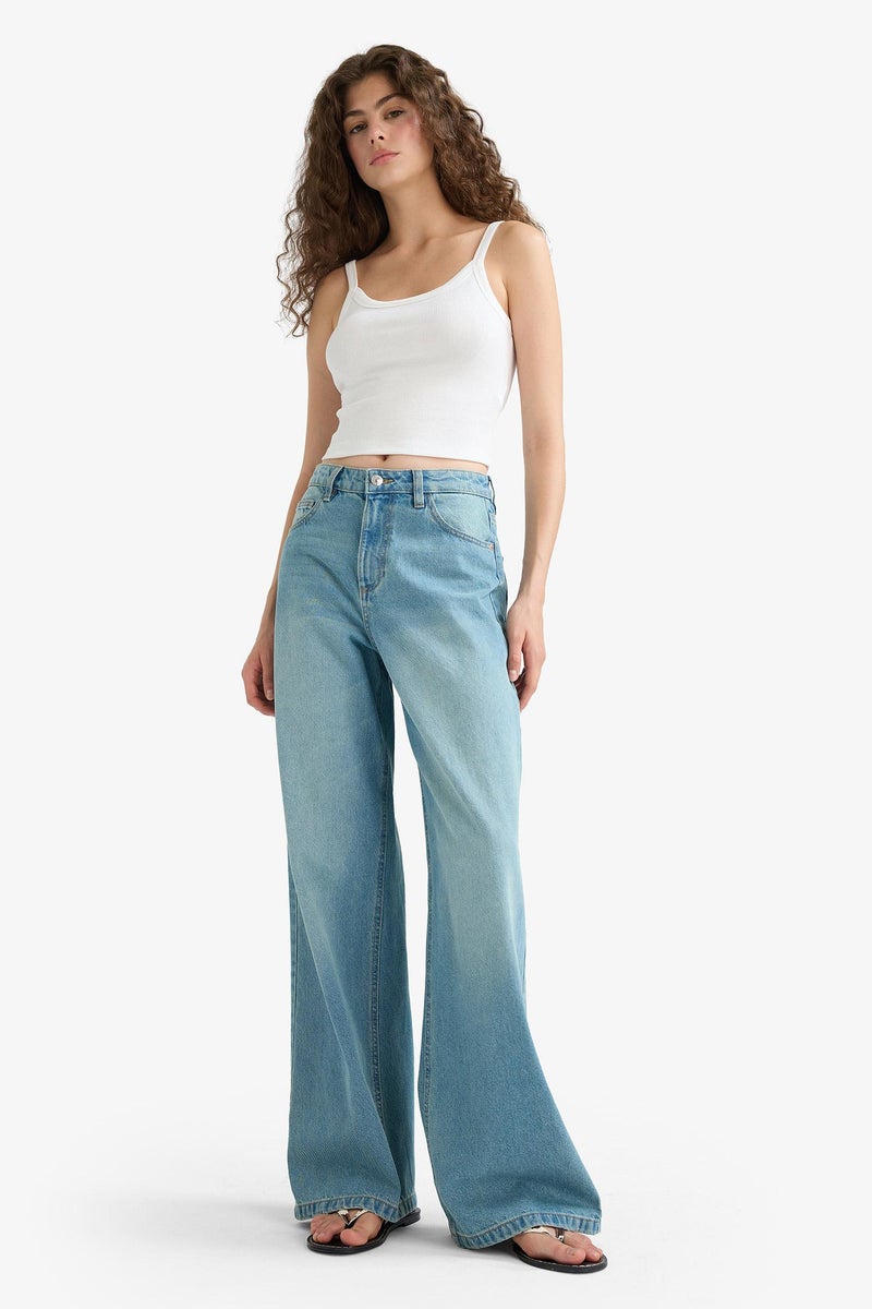 DeFacto Blue Woman Wide Leg Regular Hem Jean Trousers Casual - Image 5