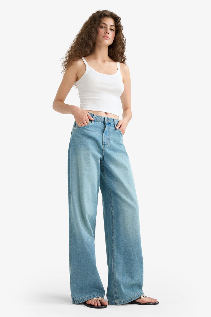 DeFacto Blue Woman Wide Leg Regular Hem Jean Trousers Casual - Image 2