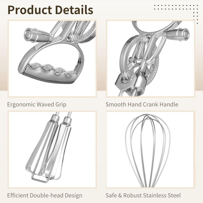 Homaisson Rotary Egg Beater Set, Manual Rotating Beater with Mixer, Silicone Brush, and Spatula, Double-head Hand Push Whisk, Household Ehisk Accessories for Baking - Image 4