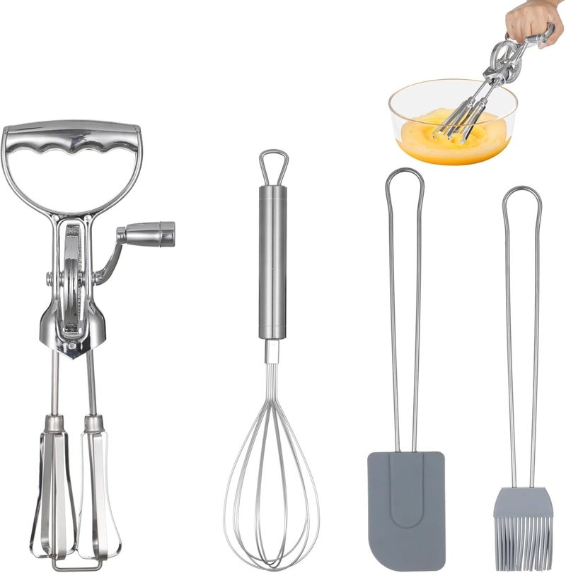 Homaisson Rotary Egg Beater Set, Manual Rotating Beater with Mixer, Silicone Brush, and Spatula, Double-head Hand Push Whisk, Household Ehisk Accessories for Baking - Image 1