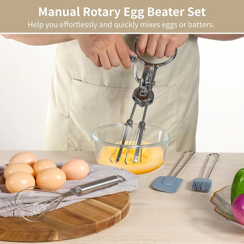 Homaisson Rotary Egg Beater Set, Manual Rotating Beater with Mixer, Silicone Brush, and Spatula, Double-head Hand Push Whisk, Household Ehisk Accessories for Baking - Image 3