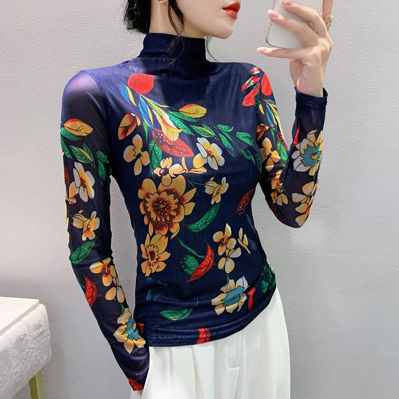 European European womens clothing 2023 autumn and winter fashionable western style long sleeve turtleneck mesh T-shirt womens positioning flower Top Real shot Picture color