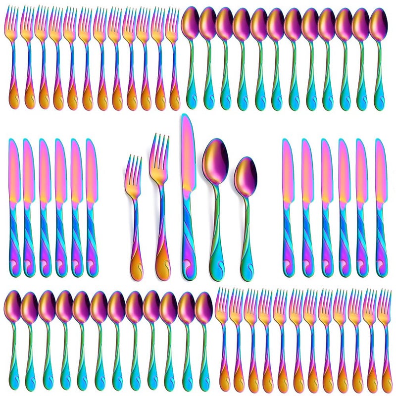 Seeshine Rainbow Silverware Set for 12, 60-Piece Stainless Steel Flatware Set, Shiny Rainbow Metal Cutlery Set, Include Fork, Knife and Spoon Set, Dishwasher Safe - Image 1