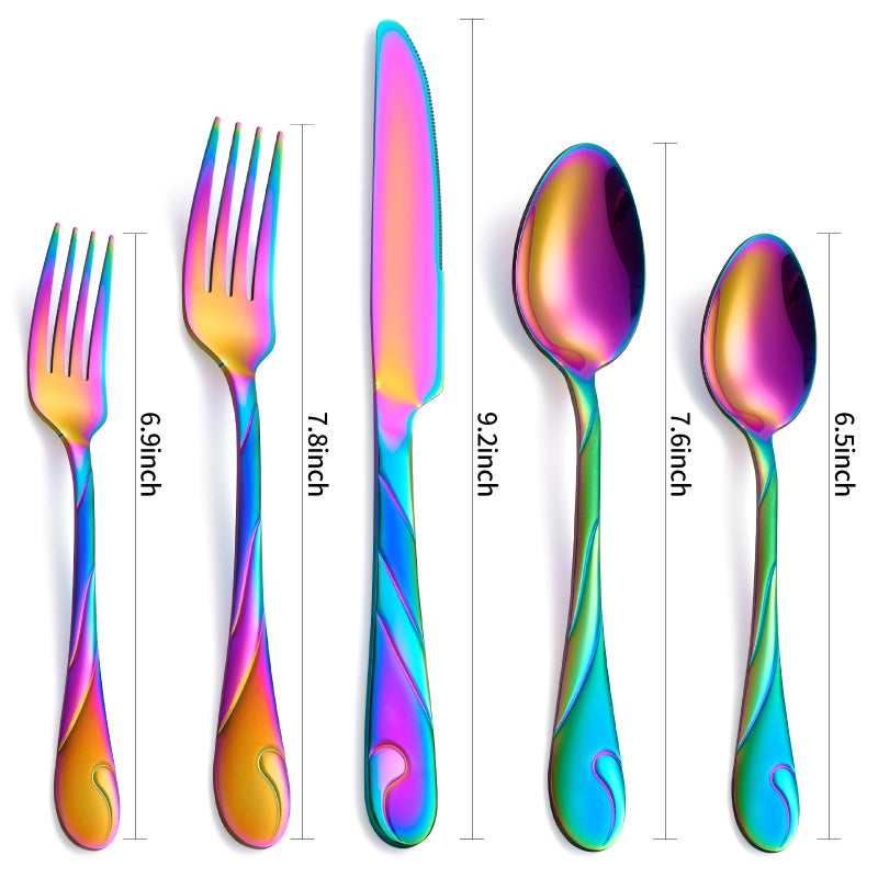 Seeshine Rainbow Silverware Set for 12, 60-Piece Stainless Steel Flatware Set, Shiny Rainbow Metal Cutlery Set, Include Fork, Knife and Spoon Set, Dishwasher Safe - Image 2