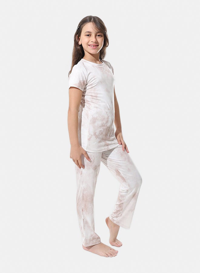 Andora Self Pattern Elastic Waist Girls Pajama_Beige and Off White - Image 2