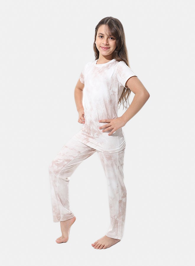 Andora Self Pattern Elastic Waist Girls Pajama_Beige and Off White - Image 3