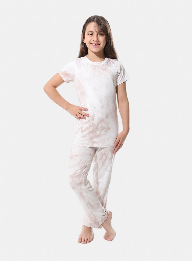 Andora Self Pattern Elastic Waist Girls Pajama_Beige and Off White - Image 1