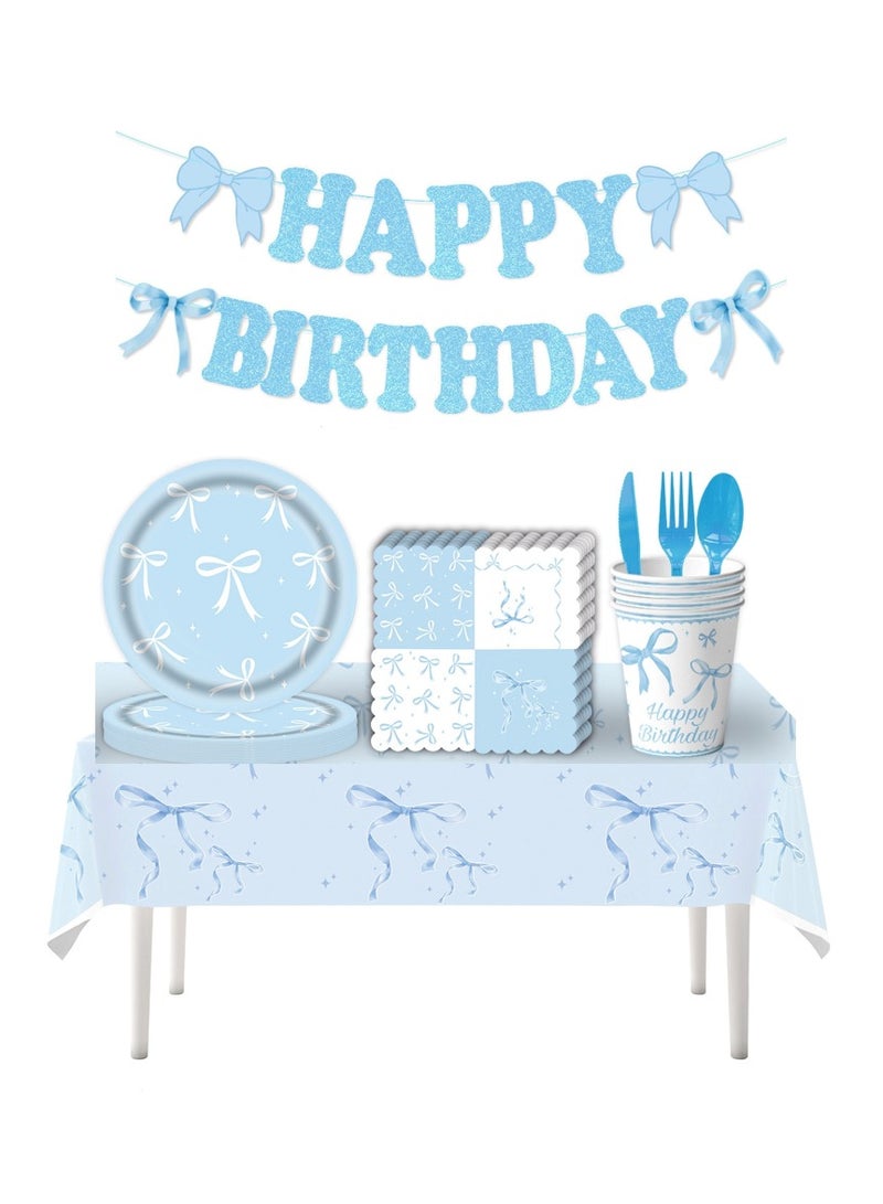 Blue Bow Birthday Party Supplies Serve 10, Birthday Decorations Include Bow Plates, Napkins, Cups, Banner,Tablecloth, knife, folk and spoon - Image 1