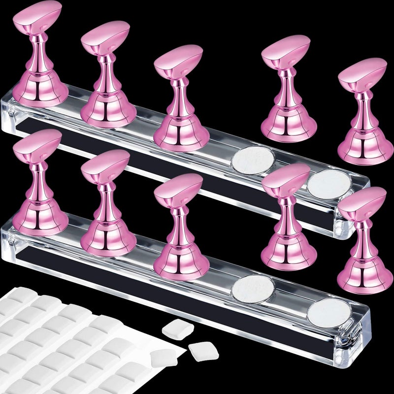 Blulu 2 Set Nail Stand for Painting Press Nail Holder Acrylic Magnetic Tips Training Fingernail Display Stands DIY Crystal Holders and 96 Pieces White Reusable Adhesive Putty(Metal Pink) - Image 1