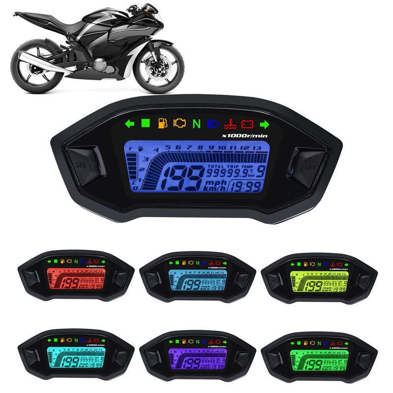 KAOLALI Motorcycle Speedometer Tachometer Universal 13000rpm LCD Digital Odometer Gauge Adjustable 7 Colors for 24 Cylinders - Image 2