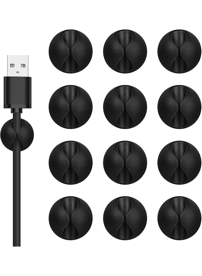 12PCS Cord Manager Set - Strong Adhesive Cable Clips for Desk, Nightstand & Office, Black Wire Organizer for Charger, Mouse & Electronics (Premium Cable Management)