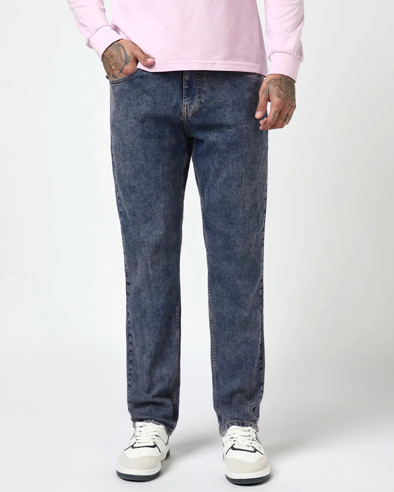 bewakoof Men's Tinted Blue Washed Slim Straight Fit Stretchable Mid-Rise Jeans
