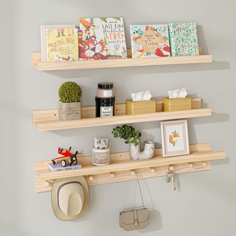 MBYD Natural Wood Shelf with Hooks, Floating Shelves for Wall Bathroom Shelves, Wall Mounted Nursery Bookshelf for Kids Room, Toy Storage Shelf for Bedroom Picture Ledge Shelves (Natural, 36 Inch) - Image 1