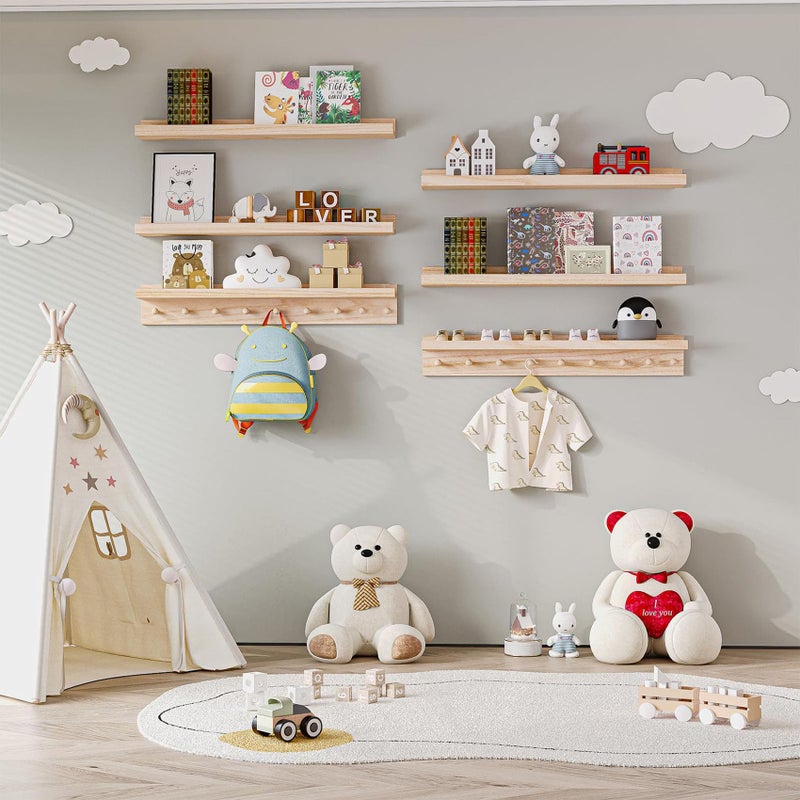 MBYD Natural Wood Shelf with Hooks, Floating Shelves for Wall Bathroom Shelves, Wall Mounted Nursery Bookshelf for Kids Room, Toy Storage Shelf for Bedroom Picture Ledge Shelves (Natural, 36 Inch) - Image 4
