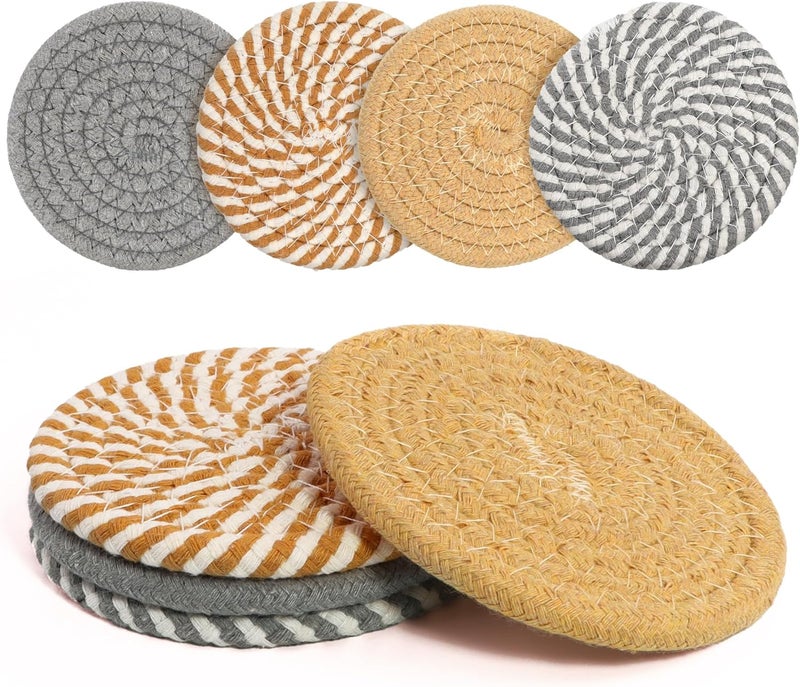 krastmon Coasters Set of 4 for Drinks, Cotton Woven 4 Colors Absorbent Boho Coasters for Home Decor Cups - Hot or Cold Drink Thickened (Grey Mixed Khaki) - Image 1