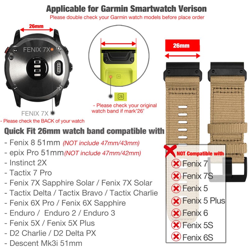 Abanen Rugged Nylon Watch Bands for Garmin Fenix 7X / Fenix 6X / Fenix 5X/Enduro 2, Quick Fit 26mm Adjustable Woven Nylon Sports Wrist Strap with Stainless Steel Clasp for Tactix 7 Pro, epix Pro 51mm - Image 2
