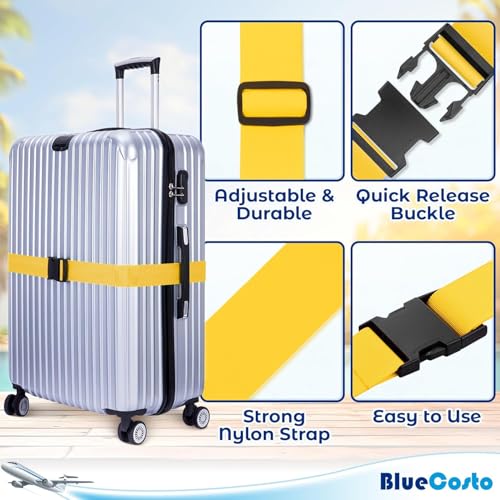 BlueCosto Luggage Straps for Suitcases - TSA Approved - Yellow, 4 PK - Premium Nylon Belts for Suitcase, Briefcase & Travel Bag - Adjustable Strap Length 46" - 78" - Image 2