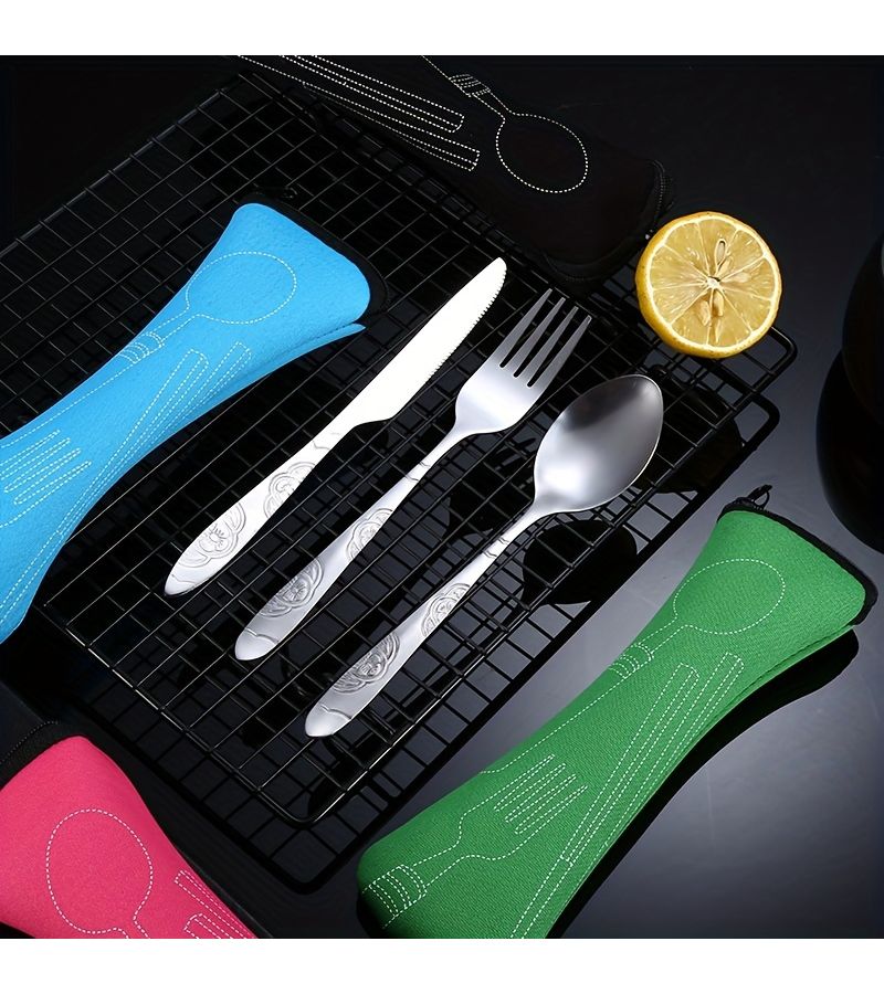 Black Flowers Portable Three Piece Stainless Steel Utensils Set Knife Fork Spoon for Camping - Image 5