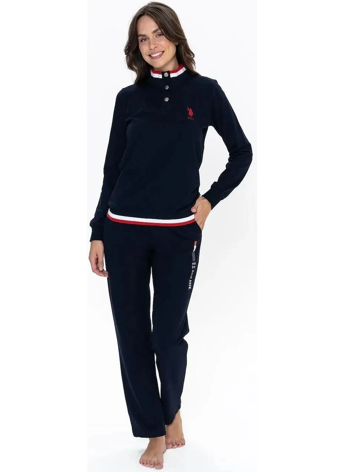 U.S. Polo Assn. 20112 Women's Long Sleeve Stand Collar Casual Home Wear-Navy Blue