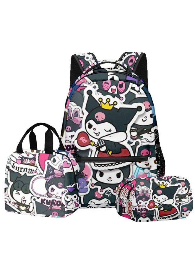 3 Piece Backpack, Kuromi Soccer Backpack, Large Capacity Casual Backpack with Lunch Bag and Pencil Case for Boys and Girls Fans