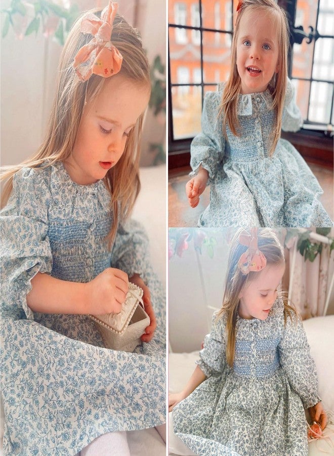 Curipeer Baby Girls Long Sleeve Floral Dress Flower Printed Smock Toddler Ruffle Dress for Autumn and Spring Blue 5T - Image 2