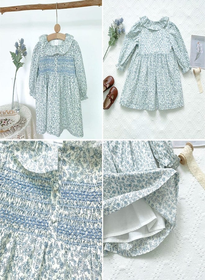 Curipeer Baby Girls Long Sleeve Floral Dress Flower Printed Smock Toddler Ruffle Dress for Autumn and Spring Blue 5T - Image 3