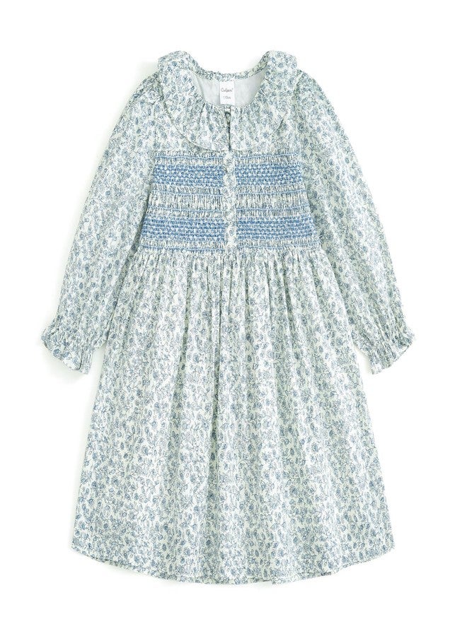 Curipeer Baby Girls Long Sleeve Floral Dress Flower Printed Smock Toddler Ruffle Dress for Autumn and Spring Blue 5T - Image 1