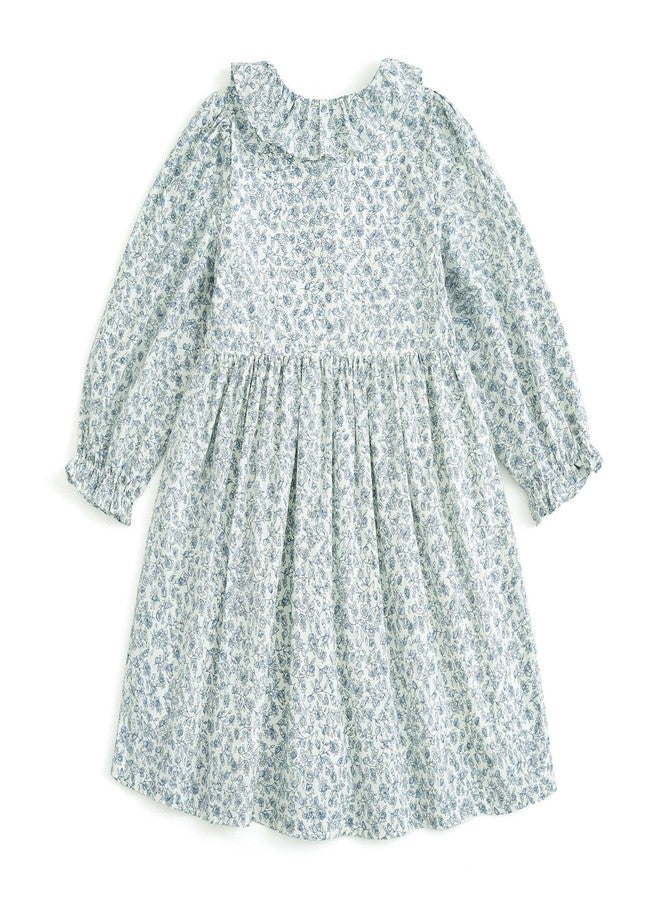 Curipeer Baby Girls Long Sleeve Floral Dress Flower Printed Smock Toddler Ruffle Dress for Autumn and Spring Blue 5T - Image 4