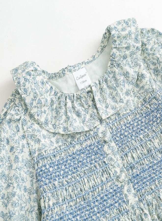 Curipeer Baby Girls Long Sleeve Floral Dress Flower Printed Smock Toddler Ruffle Dress for Autumn and Spring Blue 5T - Image 5