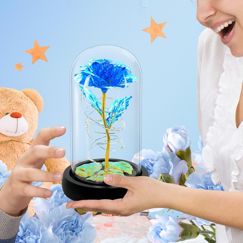 Childom Birthday Gifts for Women Christmas Rose Gifts for Women Womens Glass Rose Gifts Light Up Rose Flowers in Glass Dome Colorful Blue Flower Rose Mom Gifts for Her Wife Thanksgiving Anniversary - Image 3